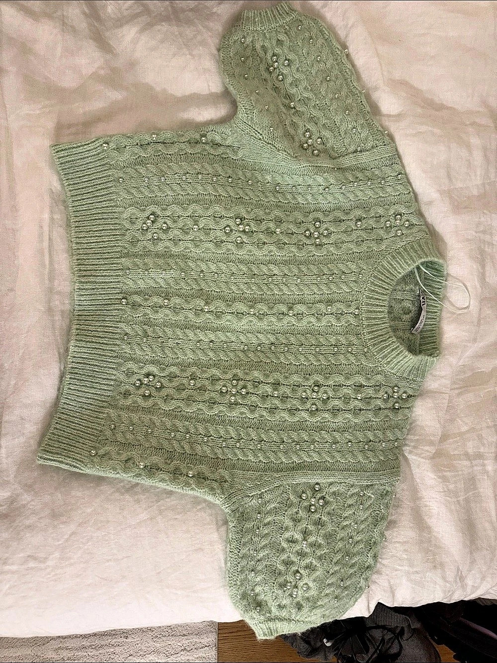 Zara Pearl-Embellished Cable Knit Mint Green Sweater